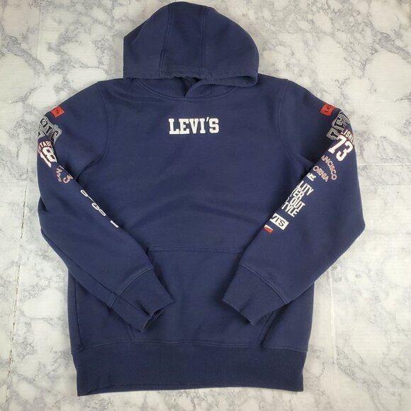 Levi's Boy's Large Navy Blue Hoodie Sweatshirt Sleeve Graphic Logo - Picture 1 of 9